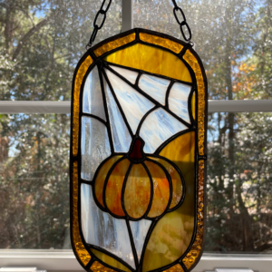 pumpkin spider web stained glass suncatcher